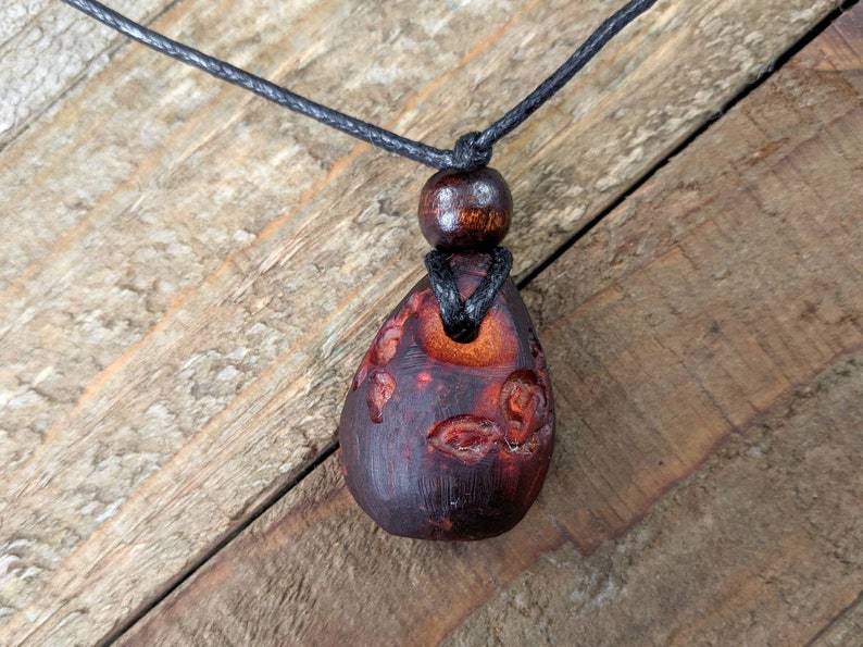 May include: A dark brown wooden pendant with intricate carvings, hanging from a black cord with a dark brown wooden bead.