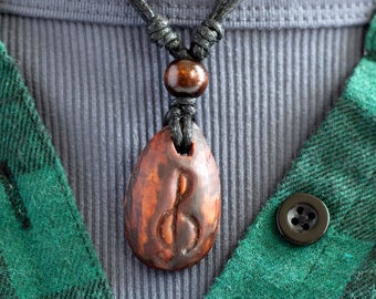 Carved Avocado Stone Necklace Music Treble Clef Natural Jewelry