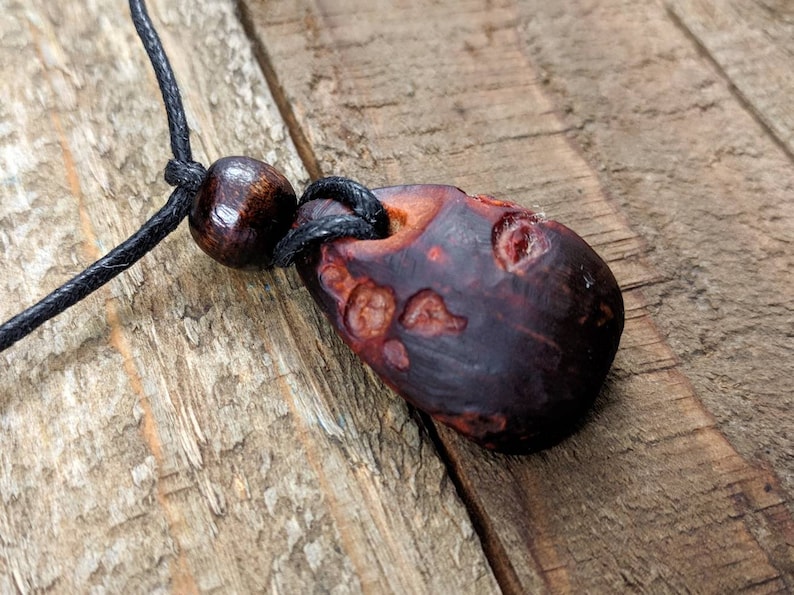May include: A dark brown wooden pendant with a natural, irregular shape and a black cord. The pendant has a reddish-brown hue and a textured surface.