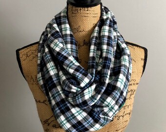 Infinity Scarf with Secret Pocket: Flannel Black, Purple, Green, and White Plaid, 100% Cotton