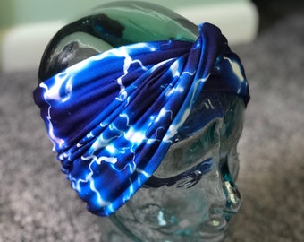 Diadema con relámpagos morados y azules: turbante convertible, cuello holgado