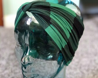 Diadema de cuadros verdes de búfalo: turbante elástico, cuello holgado