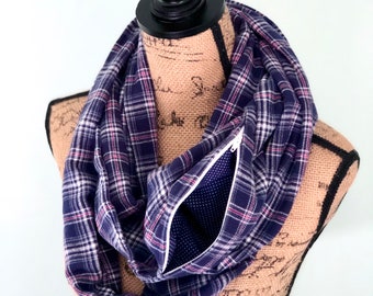 Yarn Dyed Flannel Infinity Scarf with Handy Zipper Pocket | Navy Blue with White and Maroon Stripes | 100% Cotton