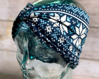 Diadema de copo de nieve Fair Isle: turbante elástico azul marino