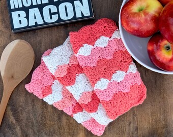 Juego de paños de cocina de algodón a crochet: Punto de concha, color rosa coral y melocotón