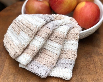 Crochet Dishcloths Washcloths - Beige Gray White Cream Striped - 100% Cotton -  Set of 4 Handmade Kitchen Dishcloths - Facial Washcloths