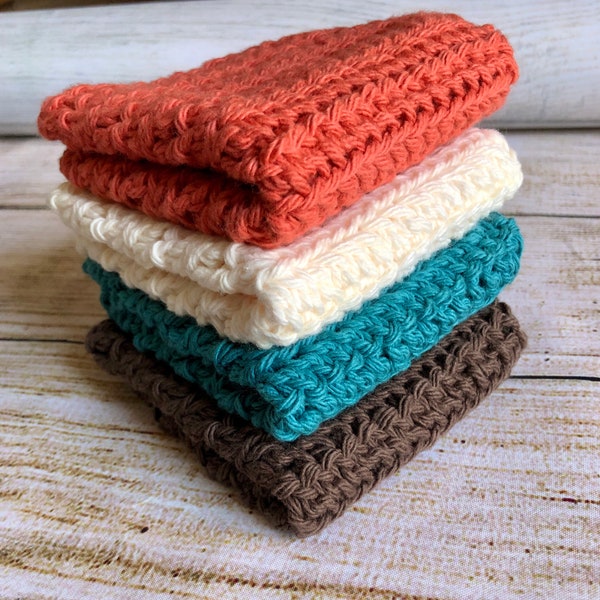 Crochet Cotton Dishcloths | Brown, Teal, Cream, Terracotta | Washcloths for Kitchen or Bath