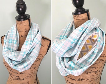 Flannel Infinity Scarf with Secret Zipper Pocket: Arctic White and Cyan Blue Plaid, 100% Cotton