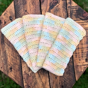 Crochet Dishcloths | Muted Pastel Rainbow: Pink, Tan, Green, Blue | Handmade Washcloths | 100% Cotton | Set of Four