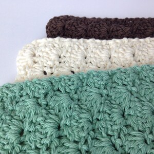 Crochet Dishcloths Washcloths for Kitchen or Bathroom; Set of 3 in Seamist, Cream, and Brown; 100% Cotton