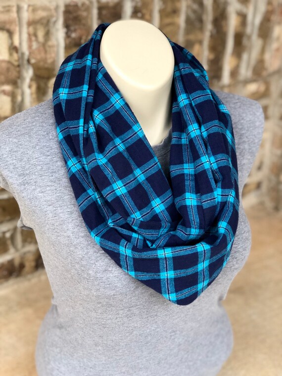 Loop Schal Mit Geheimfach Mit Reißverschluß Garn Gefärbt Flanell 100 Baumwolle Marineblau Und Aqua Türkis