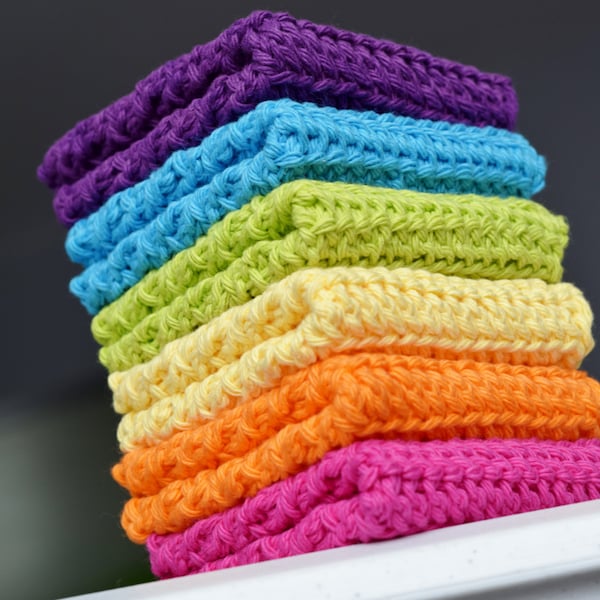 Crochet Rainbow Dishcloth/ Washcloth - Handmade Wash Rag -Set of 6 Kitchen Dish Cloths- Pink, Orange, Yellow, Green, Blue, Purple Wash Cloth