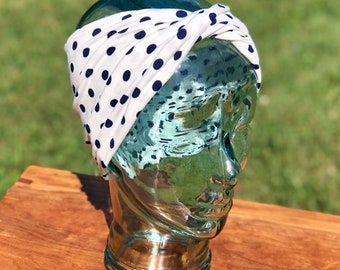 Diadema elástica de lunares: turbante blanco y azul marino, gorro de moño despeinado