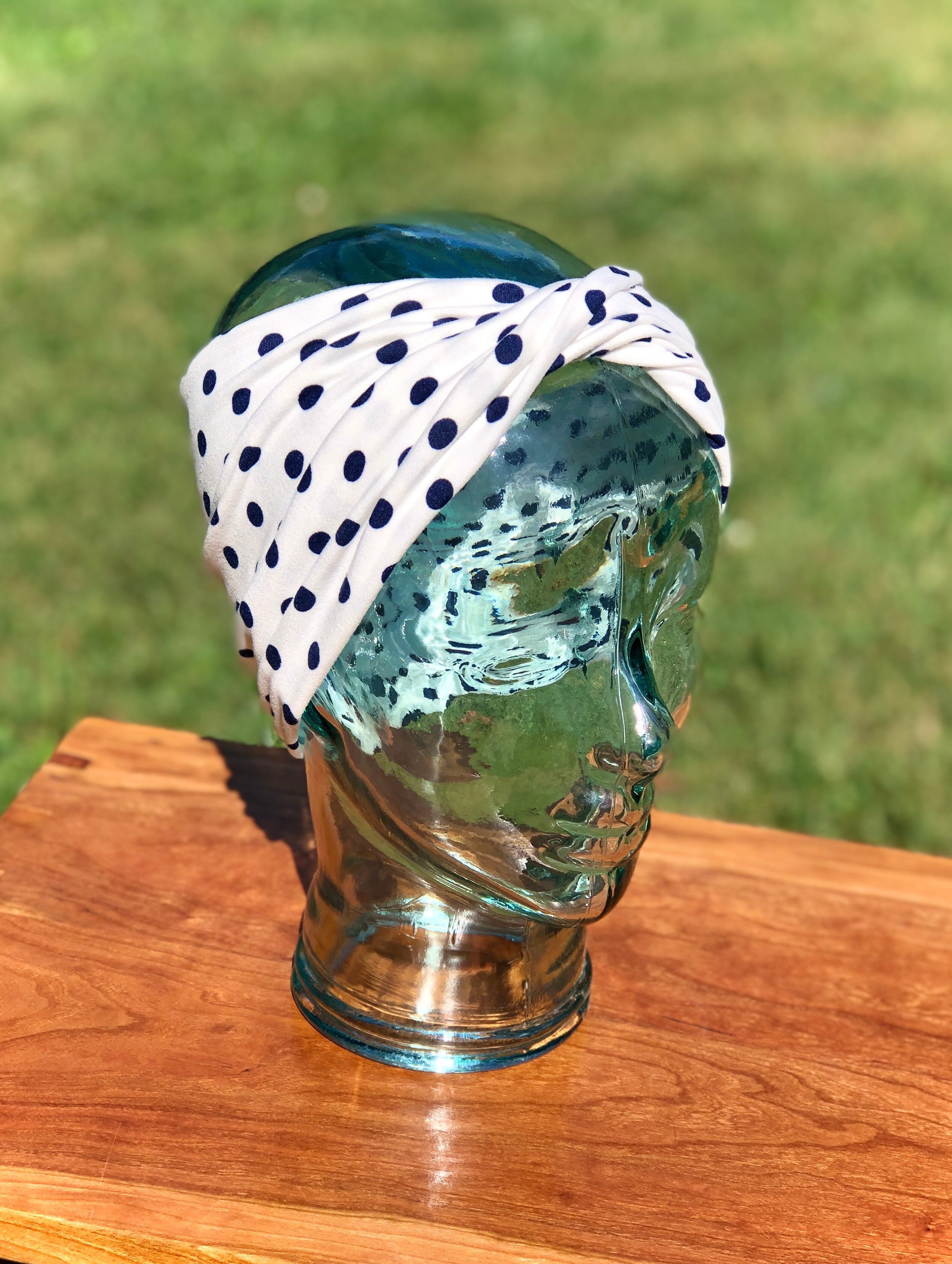 Polka Dot Stretchy Headband: White and Navy Blue Turban  display picture 1