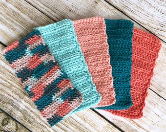 Crochet Dishcloths, Beach Color Washcloths, Handmade Wash Rag, Set of 5 Kitchen Dishcloths: Coral, Peach, Teal, Robin's Egg, and  Multicolor
