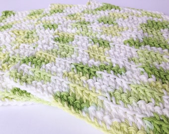 Crochet Dishcloths Washcloths | Green and White | 100% Cotton Kitchen or Bathroom Wash Cloth Set
