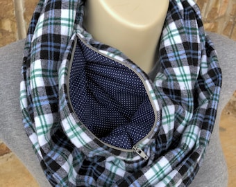 Infinity Scarf with Secret Zipper Pocket: Yarn Dyed Flannel, 100% Cotton, White, Black, Green, and Light Purple Plaid