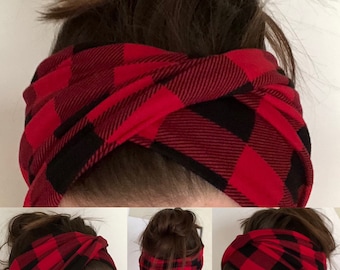 Diadema de cuadros escoceses de búfalo: cuadros rojos y negros, turbante elástico