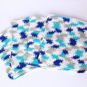 Crochet Dishcloths; Blue, Turquoise, Grey, and White: Set of 4 Washcloths for Kitchen or Bathroom; 100% Cotton