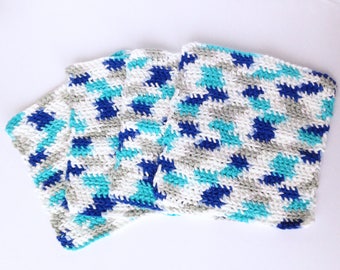 Crochet Dishcloths; Blue, Turquoise, Grey, and White: Set of 4 Washcloths for Kitchen or Bathroom; 100% Cotton