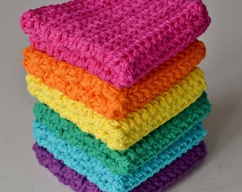 Crochet Dishcloths - Rainbow Bright Colors Washcloths - Handmade Kitchen or Bath Wash Rag - Pink, Orange, Yellow, Green, Turquoise, Purple