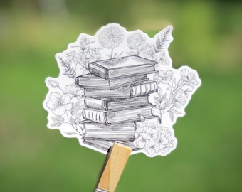 Pegatina de pila de libros con flores: vinilo para portátil y botella de agua