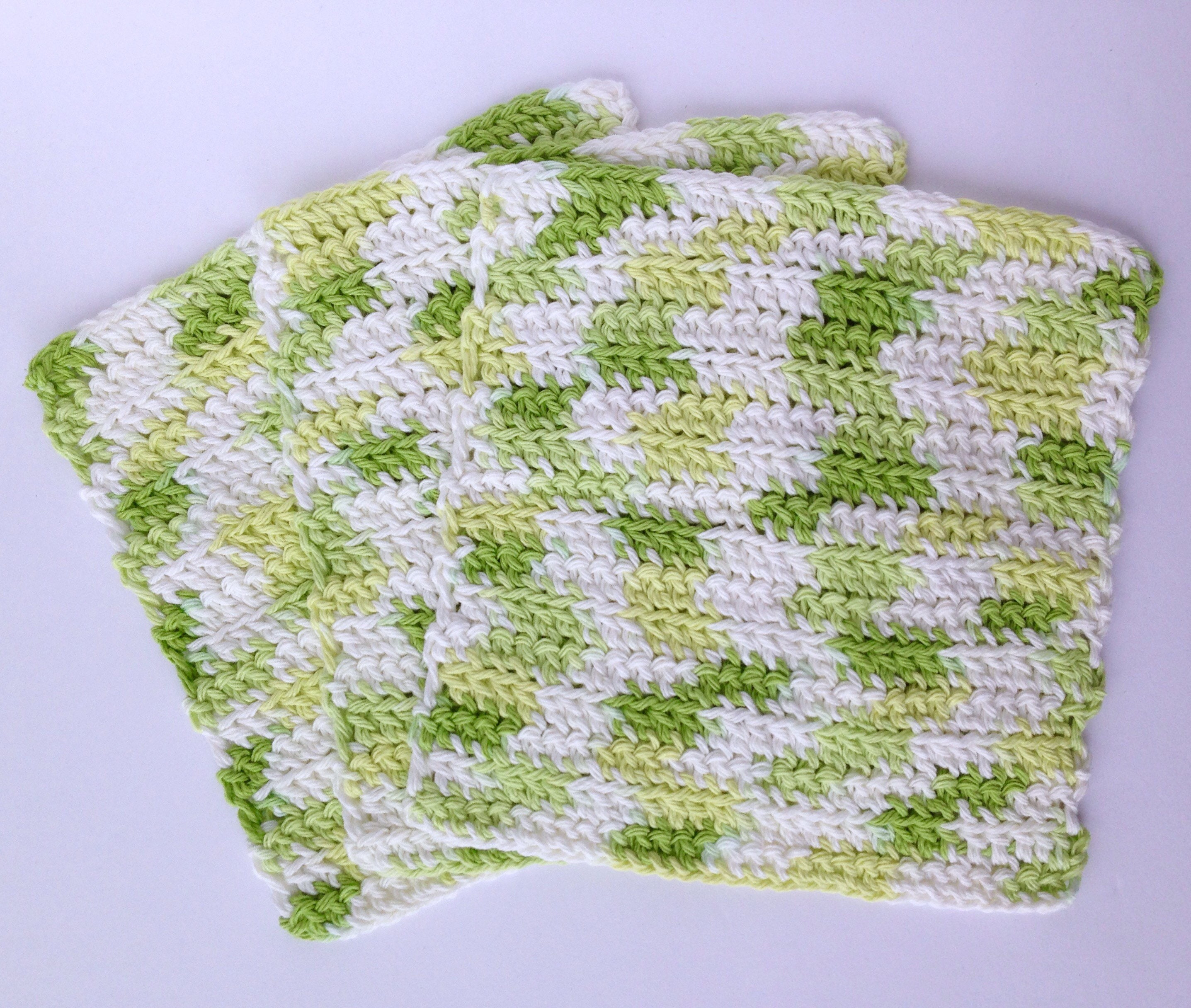 Crochet Dishcloths Washcloths Green and White 100 Cotton Kitchen or