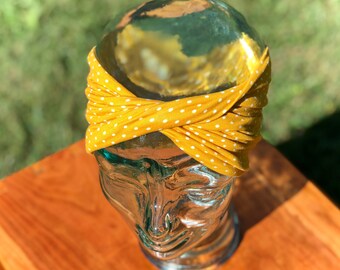 Diadema de lunares amarillo mostaza: turbante elástico con moño