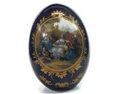 Vintage Limoges Egg - large, gold enamel, cobalt blue, porcelain, 1970s - France, double Victorian family scene, collectible, marked