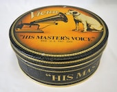 Vintage RCA Victor Nipper Dog Round Tin - His Master 39 s Voice - 1980s - collectible, fruit cake, radio, phonograph, advertising, victrola