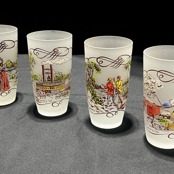 Vintage Currier & Ives Tumblers - set of 4, frosted drinking glasses, different scenes, 12 oz - glassware, barware, retro, MCM, collectible