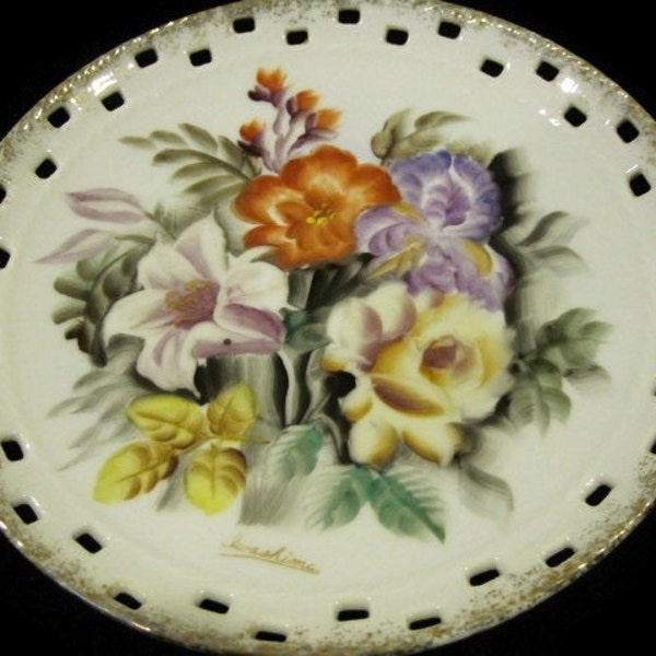 Vintage Hand Painted Plate - signed Iwashima, Japan, flowers - floral, dainty, elegant, collectible, fancy edging, gold trim, wall hanging