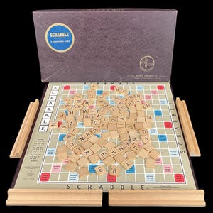 Vintage Scrabble Board Game - Selchow & Righter, 1953 - wood tiles, classic word game, adult, kids, family fun night, craft supply, supplies