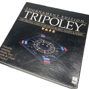 Vintage Tripoley Game- Tournament Ed., 1989, card game, Cadaco, #255, rotating tray- Michigan Rummy, Hearts, Poker, chips, family game night