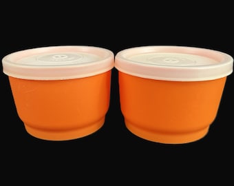 Vintage Tupperware Snack Cups, Lids - Set of 2, Orange, Sheer Lid