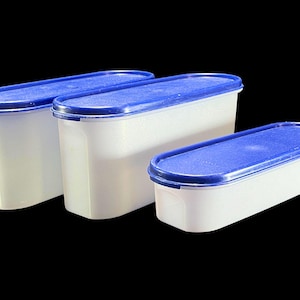 Vintage Tupperware Modular Mates Super Oval 1, Super Oval 2, lids - 3 containers, sheer, dark blue lids, 2399, 2400 - pantry, food storage