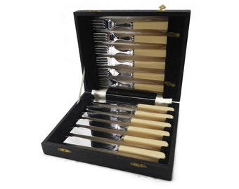 Vintage H F & Co Sheffield Fish Knives and Forks Set - creamy handles, 6 knives, 6 forks, 1930s-50s - original box, chromium blades, cutlery