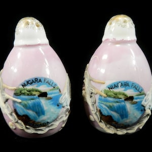 Vintage Niagara Falls Canada Souvenir Salt & Pepper Shakers - moriage dragon, pink, gold- collectible, kitchen, decor, kitsch, made in Japan