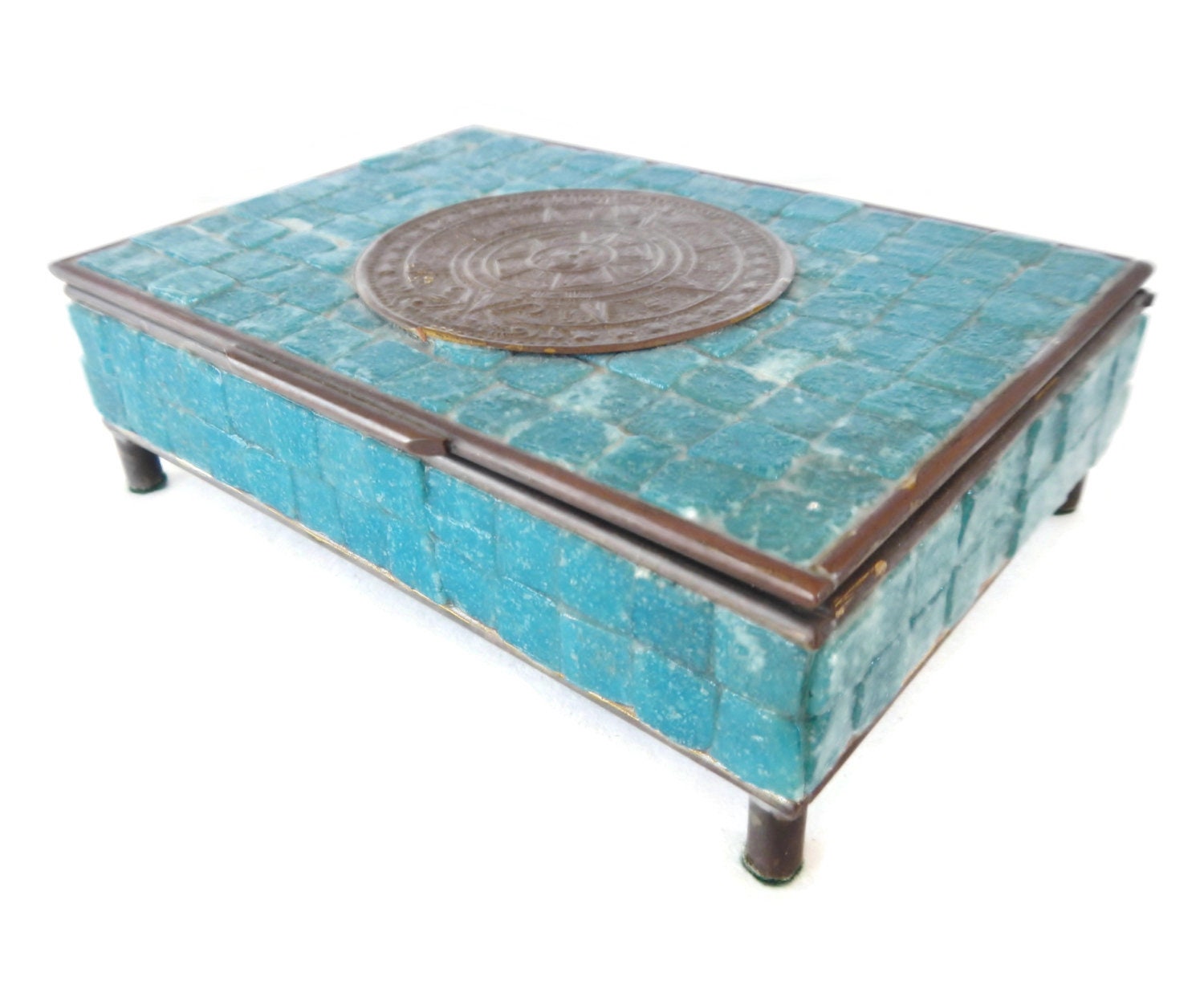 RARE Vintage Mexican Brass and Turquoise Trinket Box - Aztec