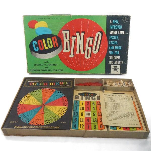 Vintage Color BINGO Game - Ed-U-Cards, #100, 1952-1956, 22 cards, markers, pegs, spinner - game night, retro, decor, craft supply, supplies