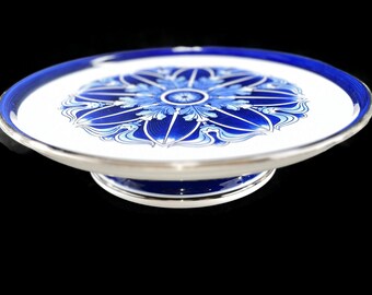 Vintage Pedestal Cake Stand, Centerpiece - Bombay Co., blue, white, silver - 1990s - cake plate, serving, entertaining, desserts, cupcakes
