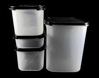 Vintage Tupperware Mod Mates Canisters - Square 4, Rect. 2, Rect, 1, sheer, black lids, 1622, 1792, 1791 - kitchen pantry, bulk food storage