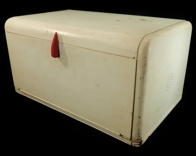 Vintage Metal Bread Box Kreamer Ivory Red Plastic Knob Etsy