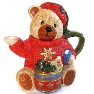 Vintage Christmas Teddy Bear Teapot - Celebrate the Season - orig box, Xmas, winter, decoration, holiday, home decor, handpainted ceramic