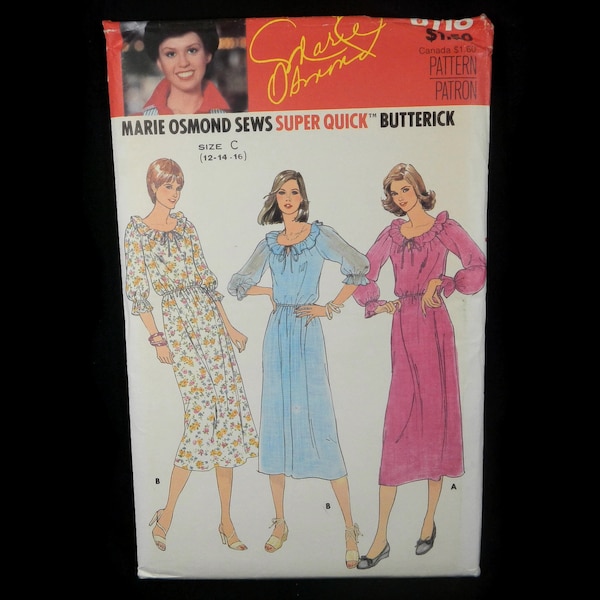 Vintage Marie Osmond Butterick Sewing Pattern 6118 - Misses' Dress- Size C 12-14-16- women's, loose-fitting, ruffle, raglan sleeves, elastic