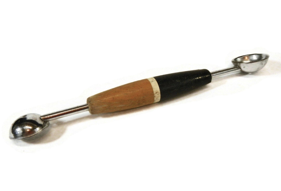 Vintage EKCO Double Melon Baller Yellow, Black, Natural, Wood Handle