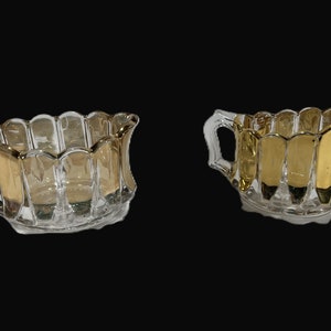 Vintage US Glass Creamer & Sugar - Portland pattern, gold luster, pressed glass, EAPG, panel/drape design- serving, kitchen, dining, retired