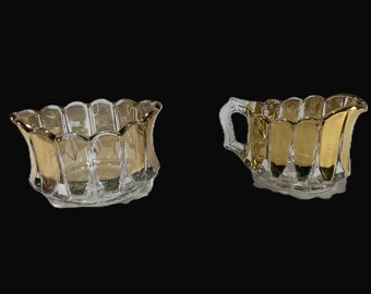 Vintage US Glass Creamer & Sugar - Portland pattern, gold luster, pressed glass, EAPG, panel/drape design- serving, kitchen, dining, retired