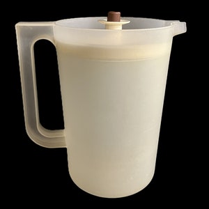 Vintage Tupperware Pitcher, Push Button Lid - 2 quart, sheer, almond, brown, 1676, 801 - serving, 2qt, liquid, juice, drink, retro, beverage