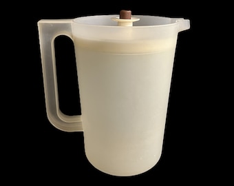 Vintage Tupperware Pitcher, Push Button Lid - 2 quart, sheer, almond, brown, 1676, 801 - serving, 2qt, liquid, juice, drink, retro, beverage